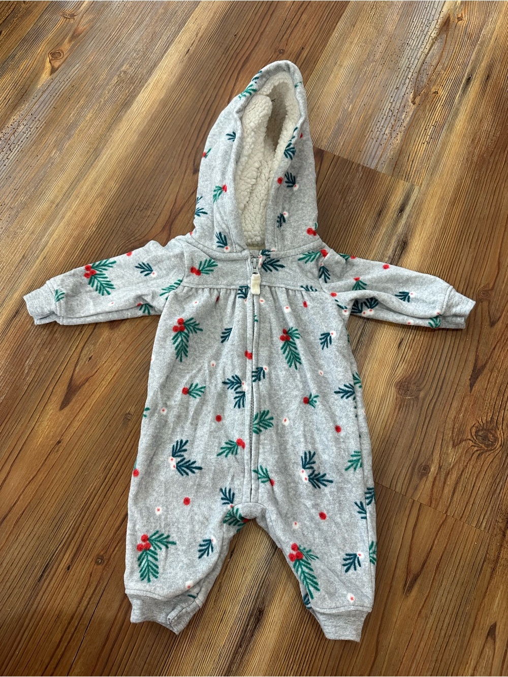 Carter's Cream Sherpa-Lined Newborn Onesie with Green Leaf and Red Dot Print
